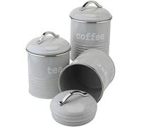 Enamel Tea Coffee Sugar Canisters Air Tight Lid Kitchen Storage Jars Pots Round Tin White,Cream,Grey,Copper (Grey)