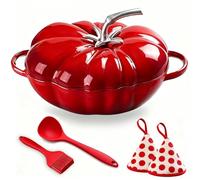 Enameled Cast Iron Dutch Oven 5Qt - Pre-Seasoned Pot with Lid for Baking Bread, Braising, Soups & Stews,Heavy cooking utensils,Safe to 500°F, Includes 3 kitchen utensils (Tomato Red)