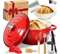 Enameled Cast Iron Dutch Oven 6QT with Lid-Banneton Basket Dough Tools | Complete sourdough starter kit with banneton,Steam-locking lid for crispy artisan crust,Gift-ready box with manual guide