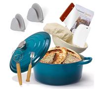 Enameled Cast Iron Dutch Oven with Proofing Basket, Non-Stick Ovenproof Casserole Pot, Teal Dutch Oven for Braising, Stews, Roasting & Bread Baking 5Litres-26cm