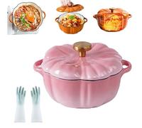 Enameled Cast Iron Pumpkin Dutch Ovens, Pumpkin Pot, Dutch Oven Pumpkins with Lid, Serves 3-5, Halloween Thanksgiving Decor Pot Gift, Double Handle Casseroles for Stews (1.5L Pink)