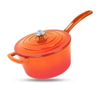 Enameled Cast Iron Sauce Pan, 2 Quart Round Sauce Pot with Lid, Mini Dutch Oven Enamel Saucepan for Cooking, Marinate, Cook, Refrigerate and Serve, Flame Orange
