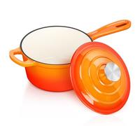 Enameled Cast Iron Sauce Pan with Lid, Leonyo 2 Quart Saucepan with Lid, Small Enamel Cast Iron Dutch Oven Kitchen Cookware for All Cooktops Making Pasta Sauce, Soup, Milk - Up to 500°F & Orange