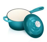 Enameled Cast Iron Sauce Pan with Lid, Leonyo 2 Quart Saucepan with Lid, Small Enamel Cast Iron Dutch Oven Kitchen Cookware for All Cooktops Making Pasta Sauce, Soup, Milk - Up to 500°F & Lake Green