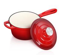 Enameled Cast Iron Sauce Pan with Lid, Leonyo 2 Quart Saucepan with Lid, Small Enamel Cast Iron Dutch Oven Kitchen Cookware for All Cooktops Making Pasta Sauce, Soup, Milk - Up to 500°F & Red