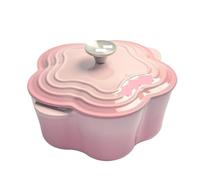 Enameled Soup Pot 20cm Petal Cast Iron Oven Binaural Enamel Pot For Bake Bread And Casserole Dish Braising With Lid For All Heat Source(Pink)