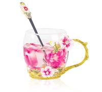 Enamelled Glass Tea Cup with Floral Pattern, 350ml - Unique Gift for Women, Birthday Present for Mum, Mother’s Day Day Gifts ’s Day, Christmas, Valentine’s Perfect for Mum, Sister, Friend, Teacher