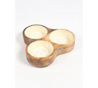 Enamelled White Triple Wooden Dip & Snack Bowl 24 x 24 x 6cm - Handcrafted Mango Wood Serving Tray with 3 White Enamel Dip Compartments