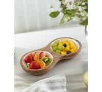 Enamelled White Wooden Double Dip Bowl 24 x 12 x 3cm - Handcrafted Mango Wood Serving Tray with 2 White Enamel Dip Compartments, Perfect for Snacks & Appetizers