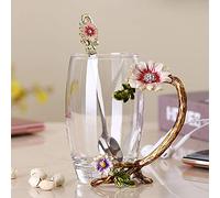 Enamels sunflower Lead-free Glass Coffee Mugs Tea Cup with Steel Spoon, Flower Tea Cup Gifts for Her Mum Teacher Friend Handmade Glass Coffee Mugs Valentines Christmas Birthday Mothers Day (tall)