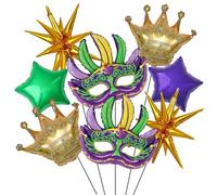 Enanal Mardi Gras Balloons, 8pcs Large Size Mask Crown Exploding Star Mylar Balloons for New Orleans Masquerade Party Decorations Fat Tuesday Party Supplies