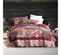 ENASAL Cotton Bedspread Quilt Sets Reversible Bedding Coverlet Sets Comforters Vintage Luxury Damask Floral Real Patchwork Burgundy Bedspread,King Size