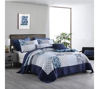 ENASAL Cotton Bedspread Quilt Sets Reversible Bedding Coverlet Sets Luxury Floral White Blue Real Patchwork Bedspread, King Size