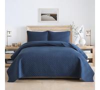 ENASAL Cotton Bedspreads, Bed Throw, 220 x 240 cm with 2 Pillowcases for Double Bed, 3-Piece Quilt, Soft All-Year Duvet, Diamond Pattern, Blue, 230 x 250 cm
