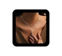 Enautoabs Bohemia Silver Plated Layered Lariat Chain Necklace Dainty Long Y Drop Necklace Minimalist Lace Chain Necklaces Long Y Shaped Necklaces Jewelry for Women(Silver Double layer)