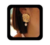 Enautoabs Boho Metal Flower Pearl Earrings Baroque Pearl Drop Earrings Large Gold Flower Stud Earrings Vintage Pearl Statement Earrings Gold Exaggerated Earrings Jewelry for Women