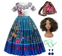 Encanto Mirabel Costume isabella encanto dress kids Mirabell Princess Dress Up Fancy Dress With with Bag Glasses Earrings For Cosplay Party Hallowee Carnival Costume Age 8-9 Y, Blue 150