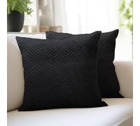 Encasa XO Christmas Cushion Covers 40x40 cm Set of 2 | Solid Color Quilted Velvet Sofa Cushion Covers |No Insert| Both Side Quilted Fabric | Black | Decorative Pillow Covers For Home