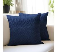Encasa XO Cushion Covers 40x40 cm Set of 2 | Solid Color Quilted Velvet Sofa Cushion Covers | only Covers No Insert | Both Side Quilted Fabric | Navy Blue | Decorative Pillow Covers For Home