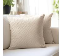 Encasa XO Cushion Covers 60x60 cm Set of 2 | Solid Color Quilted Velvet Sofa Cushion Covers | only Covers No Insert | Both Side Quilted Fabric | Beige | Decorative Pillow Covers For Home