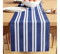 Encasa XO Dining Table Runner 32x200 cm | Yarn Dyed Fine Ribbed Cotton | Franca Blue Stripes | For Dining Table Fall Decoration, Holiday & Christmas Festivals - Machine Washable