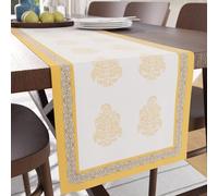 Encasa XO DiningTable Runner | Yellow-01 Block Printed Cotton Canvas | 32x150 cm | Jaipur Sanganeri Hand Print