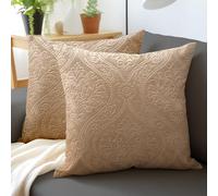 Encasa XO Embossed Velvet Cushion Covers No Inserts 40x40 cm | Beige, Plush Soft Velour | Damask Pattern | Concealed Zip | Machine Washable | Living Room Decor | Set of 2