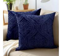Encasa XO Embossed Velvet Cushion Covers No Inserts 50x50 cm | Navy Blue, Plush Soft Velour | Damask Pattern | Concealed Zip | Machine Washable | Living Room Decor | Set of 2