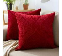 Encasa XO Embossed Velvet Cushion Covers No Inserts 50x50 cm | Red, Plush Soft Velour | Damask Pattern | Concealed Zip | Machine Washable | Living Room Decor | Set of 2