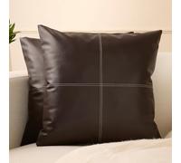 Encasa XO Faux Leather Throw Pillow Covers 40x40 cm Set of 2 | Dark Brown Stitch Decorative Cushion Covers | Modern Farmhouse Pillow Cases For Outdoor, Living Room, Bedroom, Couch, Sofa