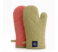 Encasa XO Heat Resistant Cotton Oven Gloves Mitts (2 Pc Set) - Quilted & Safe 17x29 cm - For Kitchen, Cooking & Baking, Grilling, Handling Hot Pots & Pans - Sage & Coral