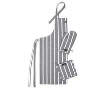 Encasa XO Kitchen Apron with Oven Gloves & Potholder - Combo Set - 100% Cotton, Heat Resistant - Roma Grey Stripes, 68x85 cm, (Pack of 3)