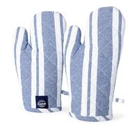 Encasa XO Long 18x30 cm Oven Microwave Hand Gloves Mitts (2 pc set) for Kitchen Cooking & Baking - Heat Resistant, Thick & Safe, Protection of Hands from Hot Utensils, Grill - Franca Blue Stripes