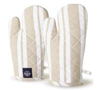 Encasa XO Long 18x30 cm Oven Microwave Hand Gloves Mitts (2 pc set) for Kitchen Cooking & Baking - Heat Resistant, Thick & Safe, Protection of Hands from Hot Utensils, Grill - Franca Beige Stripes