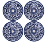 Encasa XO Placemats, Round Cotton Handcrafted Mats 32 cm Blue | Handcrafted Coiled Rope Cotton | Ribbed Texture | Non-Slip Heat Protection | Machine Washable | Set of 4