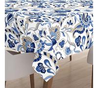 Encasa XO Printed Twill Tablecloth, Water Repellent 140x240 cm Blue | Premium Polyester Material | Non-Slippery Stable Backing | Fits 6 to 8 seater | Easy Clean Machine Washable