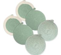 Encasa XO Round Trivet Mats For Hot Dishes with Hanging Loop | Sage Combo - Set of 6 with 18 cm Diameter | Cotton Round Thick Heat Resistant Pot Holders | Use Hot Pads Plate Mats For Hot Pots & Pans