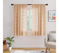 Encasa XO Semi-Sheer 55x60 in Drop Long Rod Pocket Curtains, Dollar Beige, Light Filtering Polyester Curtain with Tie Back for Bedroom Living Room, Botanical Floral Pattern Drapes, 2 Panels