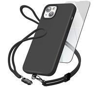 ENCASED 3-in-1 Set Designed for iPhone 14 Silicone Case with Neck + Wrist Strap (Slim-fit) Soft Touch Rubber Case, Black (Screen Protector Included)