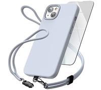 ENCASED 3-in-1 Set Designed for iPhone 14 Silicone Case with Neck + Wrist Strap (Slim-fit) Soft Touch Rubber Case, Lavender Purple (Screen Protector Included)