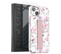 Encased Bando Series Designed for iPhone 14 Case with Hand Strap Grip and Screen Protector (Clear/Pink Flowers)