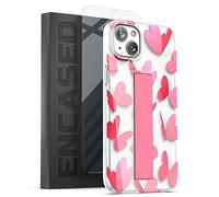 Encased Bando Series Designed for iPhone 14 Clear Case with Design and Hand Strap Grip (Screen Protector Included) Pink Heart Butterfly