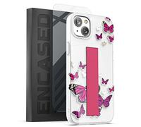 Encased Bando Series Designed for iPhone 14 PLUS Case with Hand Strap Loop and Screen Protector (Clear/Pink Butterfly)