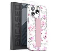 Encased Bando Series Designed for iPhone 14 Pro Case with Hand Strap Grip and Screen Protector (Clear/Pink Flowers)