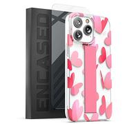 ENCASED Bando Series Designed for iPhone 14 Pro Clear Case with Design and Hand Strap Grip (Screen Protector Included) Pink Heart Butterfly