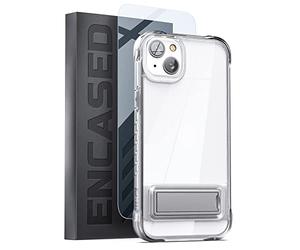 ENCASED Clear Kickstand Case Designed for iPhone 14 PLUS with Screen Protector - Ultra Shockproof MIL-Spec Armor Guard Bumper with Metal Stand (Retail Packaging)