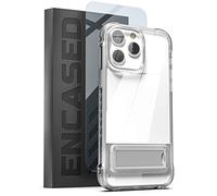 Encased Clear Kickstand Case Designed for iPhone 14 PRO with Screen Protector - Ultra Shockproof MIL-Spec Armor Guard Bumper with Metal Stand (Retail Packaging)