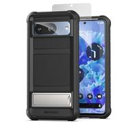 ENCASED Falcon Designed for Google Pixel 8 Case with with Stand and Tempered Glass Screen Protector, Protective Heavy Duty Phone Case with Kickstand (Black)