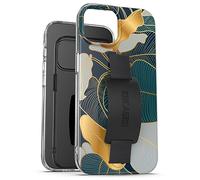 ENCASED Finger Loop Case, Designed for iPhone 15 (2023) Hand Strap Grip Cover with Soft-Touch Silicone Phone Holder (Blue Gold Palm Leaf)