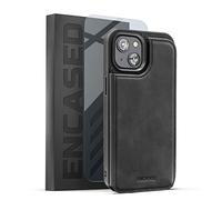 ENCASED Flip-Back Wallet Compatible with iPhone 14 Case with Card Holder Folio and Wrist Strap (Screen Protector Included) Black